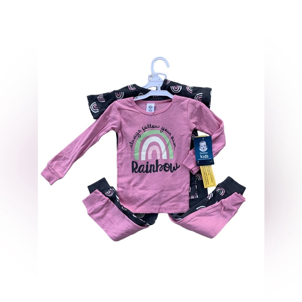Gerber Nwt Size 3t Pink And Black Rainbow 4 Piece Pajamas Set